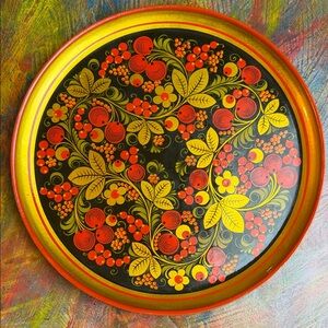 Russian Khokhloma Hand Painted Floral  Folk Art Lacquer 12" Wood Plate Tray